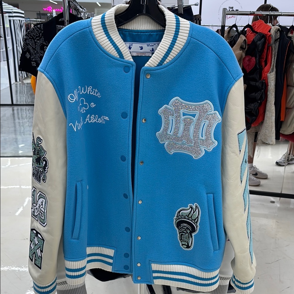 Off-White Blue and Cream Patch Varsity Jacket